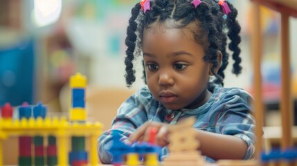 A little African American girl is focused and engaged in building with an educational building set in a room filled with toys