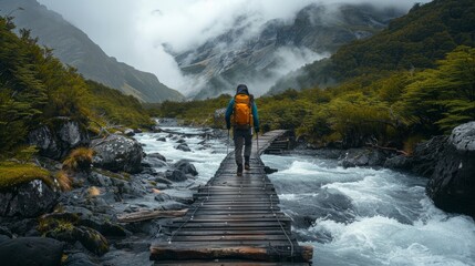A man is walking across a wooden bridge that spans a rushing river - Powered by Adobe