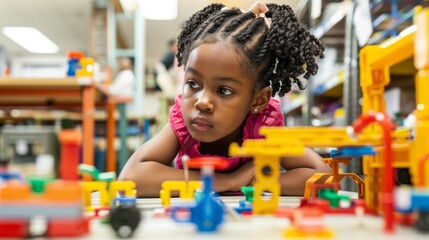 A young African American girl is deeply engrossed in playing with educational building toys inside a room - Powered by Adobe