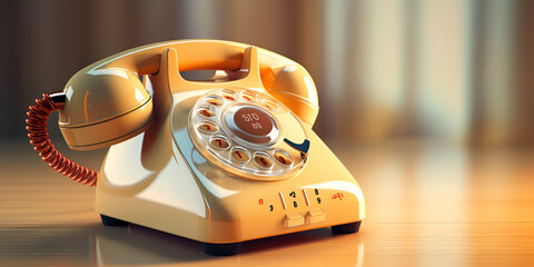 A photo of a retro rotary phone warm tungsten lighting technology on a blurred background

