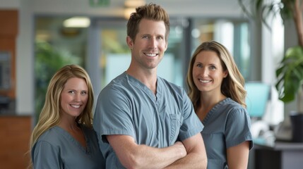 A man and two women in medical scrubs confidently pose for a picture, depicting professionalism and teamwork in a healthcare setting - obrazy, fototapety, plakaty