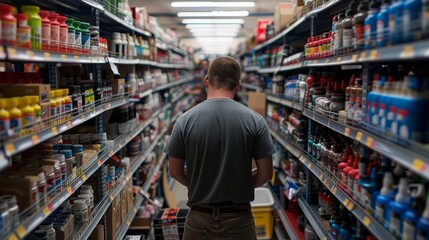 A man browses through neatly organized shelves in a grocery store aisle, examining different auto parts options