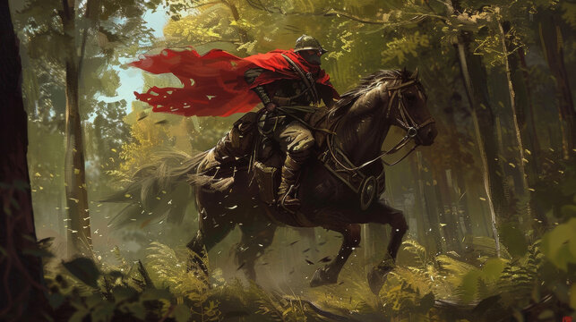 A bandit rides through a dense forest his trusty steed carrying a saddlebag filled with stolen riches while a red bandana flaps behind him in the wind. .