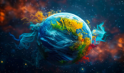 Vibrant Thread Earth Artwork - Cosmic Planet Illustration, Multicolor Textile Threads Forming Global World Globe in Starry Space - obrazy, fototapety, plakaty