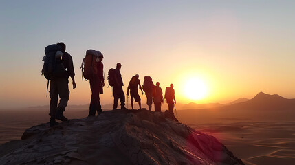 a group of people stand atop a mountain, gazing at the stunning sunset over a blue sky one man stan