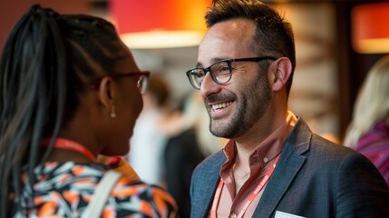 Fototapeta na wymiar A man wearing glasses engaged in conversation with a woman at a networking event, demonstrating successful interaction