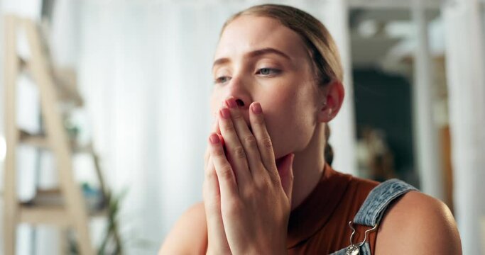 Thinking, anxiety and woman in home with stress, worry and depression for problem, issue and crisis. Mental health, sad and person by window with fear, anxious and nervous for mistake in living room