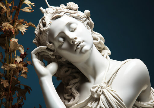 Muse Sculpture: Pensive Black and White Nymph Goddess Head Statue 3D Rendering Greek Mythology Art