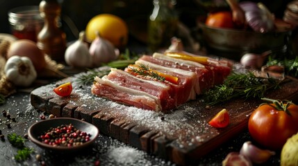 A cutting board is covered with freshly sliced meat and colorful vegetables