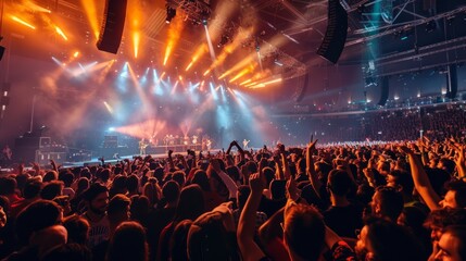 A sea of people fills an indoor arena, cheering and dancing to live music at a vibrant music festival - obrazy, fototapety, plakaty
