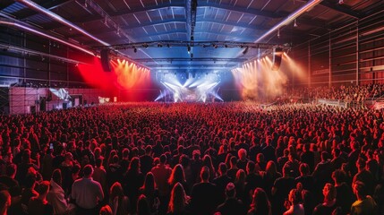 A packed indoor arena at a live music festival, with a large crowd of energized spectators enjoying...