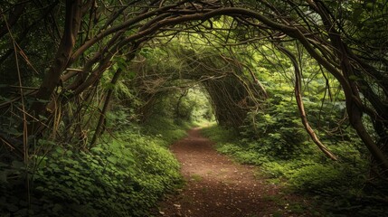 A winding path cuts through a dense forest with twisted branches and vines forming archways in a lush green environment