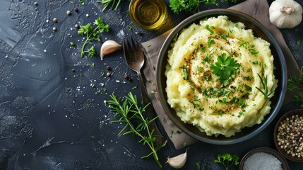 Overhead view of a bowl filled with creamy mashed potatoes topped with fresh parsley - obrazy, fototapety, plakaty