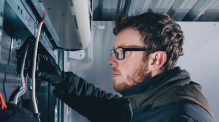 A man in a black jacket and glasses is performing a final check on an air source heat pump machine