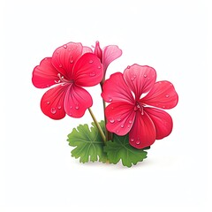 Closeup of pink geraniums with raindrops on their petals, highlighting the plants resilience and beauty, ideal for environmental awareness campaigns or natural beauty product advertisements, water col