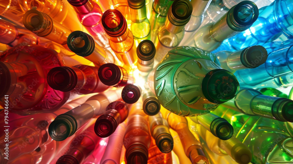Poster a closeup of a plastic bottle lamp where the artist has and arranged the bottles in a way that creat