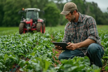A farmer and an agricultural robot analyzing crop data together on a digital tablet, planning sustainable farming practices