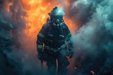 A firefighter and a search-and-rescue robot working together to navigate through a smoke-filled building, saving lives