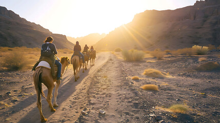 a group of riders on horseback traverse a dirt road under a blue sky, with brown and white horses l