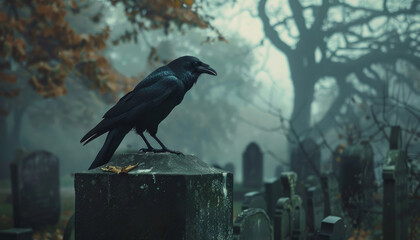 Obraz premium A black crow is perched on a stone pillar in front of a cemetery by AI generated image