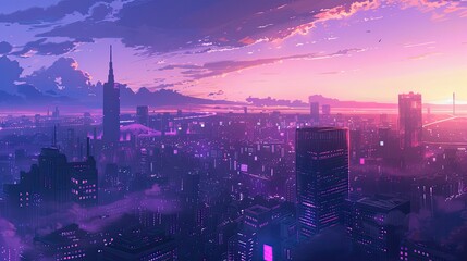 Beautiful anime-style illustration of a city skyline, digital art