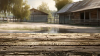 An aged wooden tabletop in sharp focus with a serene farmyard and barns in the blurred background. - obrazy, fototapety, plakaty