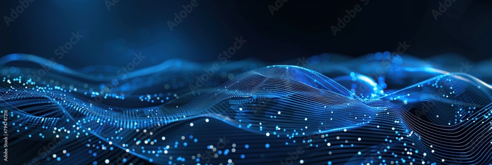 Poster abstract blue wave with dots and wire on dark background, technology concept digital background.