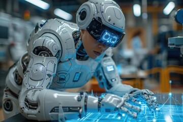 Fototapeta premium A human and robot engineer team working together on a holographic blueprint of a sustainable city, discussing design elements