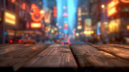 Weathered wooden table overlooking a bustling cityscape at night with colorful blurred lights.