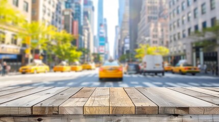 Rustic wooden planks set against a blurred city street scene with yellow taxis and green trees.