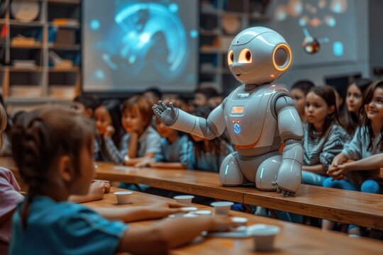 A teacher and a humanoid robot co-teaching a classroom of diverse students, using interactive holograms to explain complex concepts