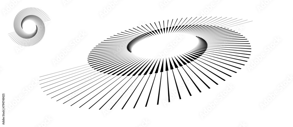 Poster Spiral with black lines as dynamic abstract vector background or logo or icon. Abstract background with lines in circle. Artistic illustration with perspective on white background.