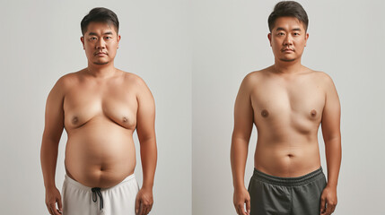 A comparison showcasing the transformation of a Japanese man from full-figured to athletic after regular workouts. Illustrating the journey of physical transformation and fitness progress.
