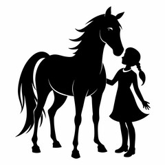 Vector silhouette of girl with horse, on white background, solid black color silhouette, silhouette (4)