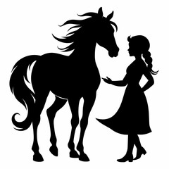 Vector silhouette of girl with horse, on white background, solid black color silhouette, silhouette (5)