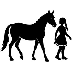 Vector silhouette of girl with horse, on white background, solid black color silhouette, silhouette (2)