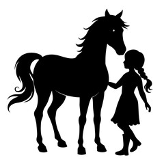 Obraz na płótnie Canvas Vector silhouette of girl with horse, on white background, solid black color silhouette, silhouette (6)