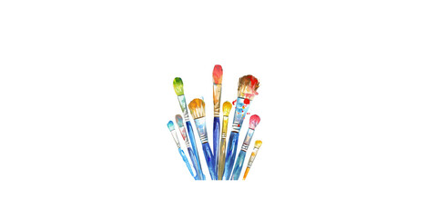 Watercolor art painting of paintbrushes and paints on blue watercolour background