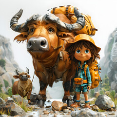 A 3D animated cartoon render of a lost camper being guided by a water buffalo.