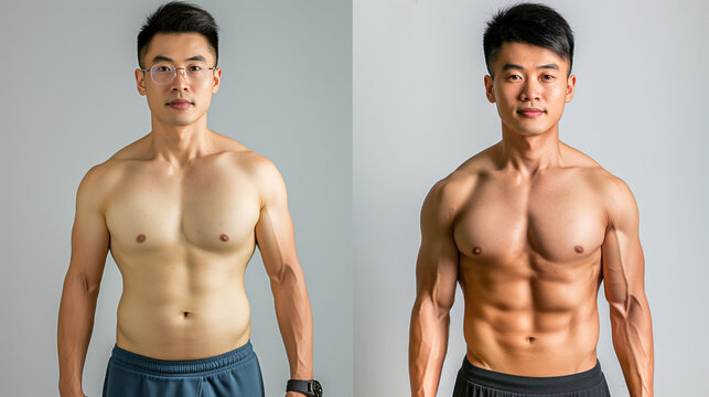 A comparison showcasing the transformation of a Japanese man from full-figured to athletic after regular workouts. Illustrating the journey of physical transformation and fitness progress.
