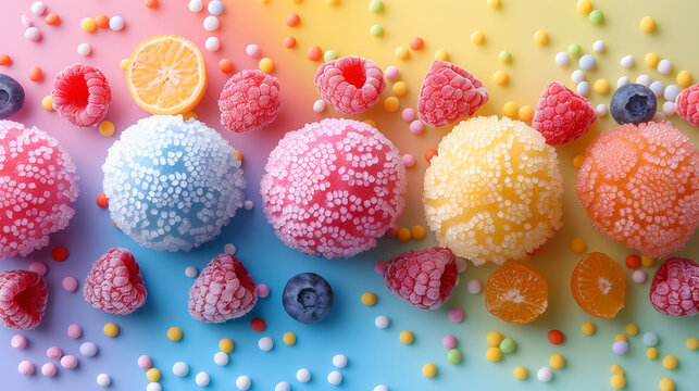 Background with colorful sweet sugar balls and berries, colorful sugar balls & berries background