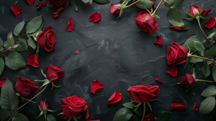 A romantic arrangement of beautiful red roses with scattered petals on a dark, textured background.