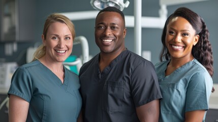 A diverse group of doctors stand side by side, all wearing professional scrubs and smiling - obrazy, fototapety, plakaty