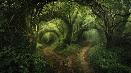 A dirt road winds through lush green trees in a dense woodland with twisted branches and vines