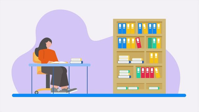 Animated video library concept. Full length animation illustration. High quality 4k footage.