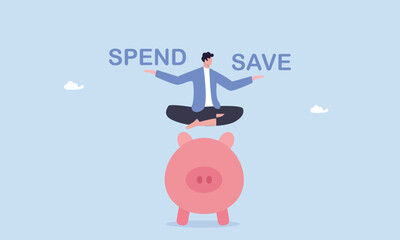 Doubtful man lotus sitting on piggy bank balancing save or spend choice, money decision, save or spend, financial options when receive bonus or extra money.