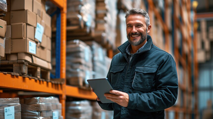 Smiling warehouse worker with a tablet managing inventory in a logistics center.