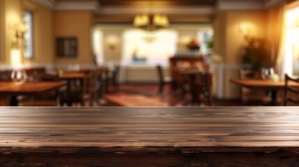 Warm wooden tabletop with a blurred sophisticated restaurant interior in the background.