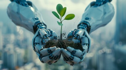Embracing Green Technology: Robot Hand Holding Small Plants