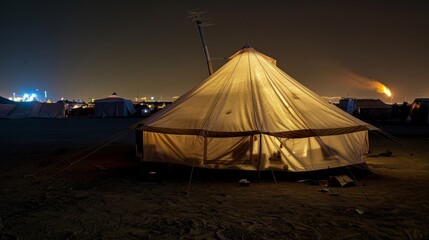 Amidst the chaotic energy and vibrant chaos of Burning Man a tent glows with a peaceful aura. The distant blur of the infamous bonfire adds a touch of mystery to the serene atmosphere .